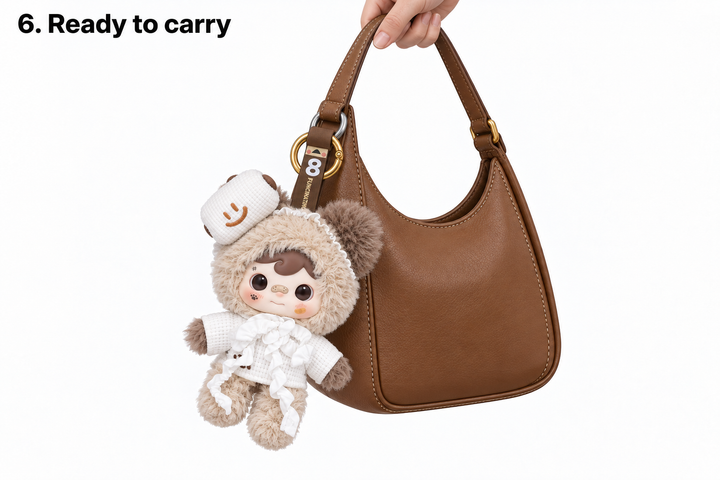 KOUCOMI Goodnight charm hangs facing outward from a brown shoulder bag.