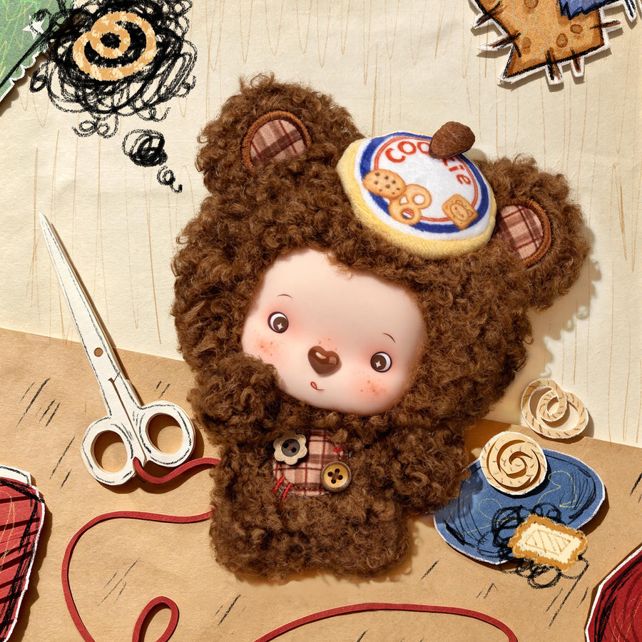 MOCO Bear Grandma's Time Box plush in warm workshop close-up view