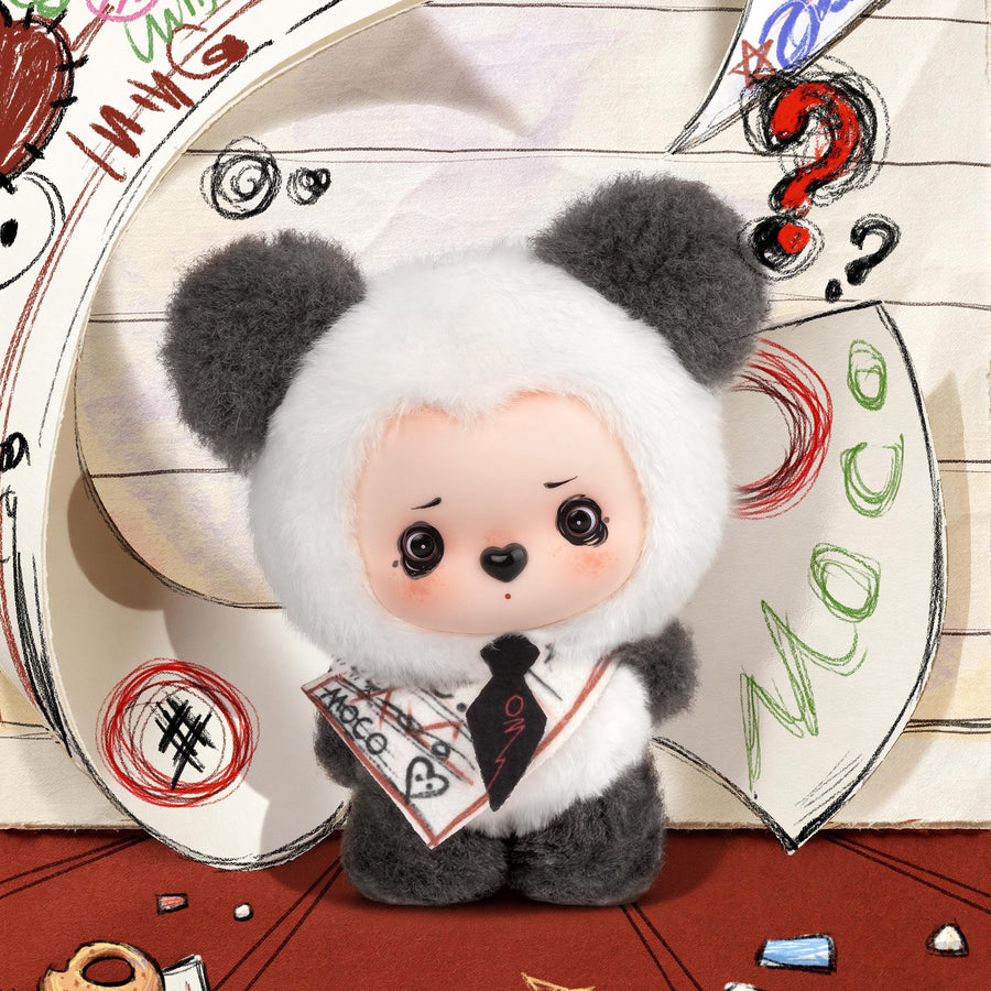 MOCO Bear Circle Quiz panda plush in classroom front close-up