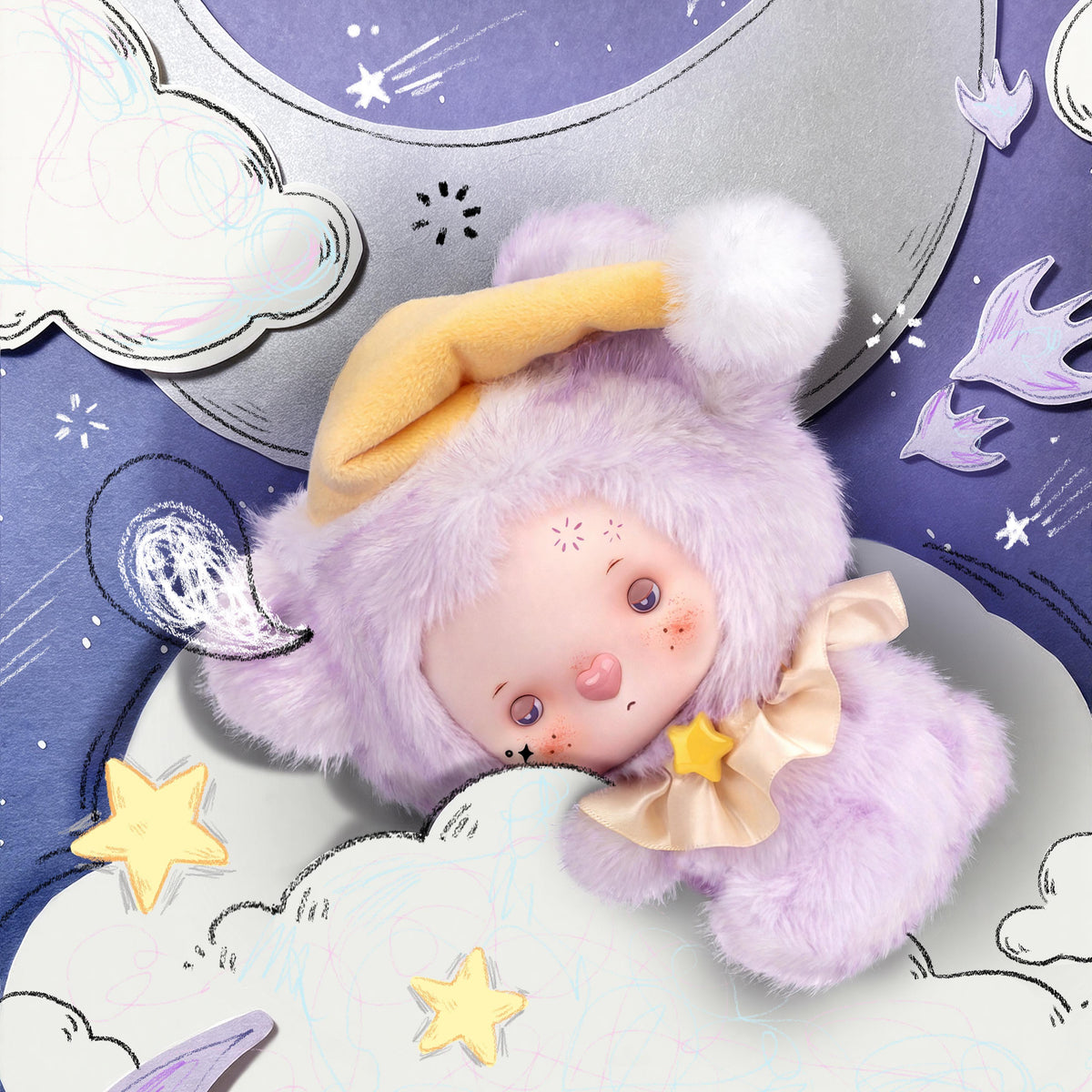 MOCO Bear Unfinished Dream purple plush beneath moon in overhead view
