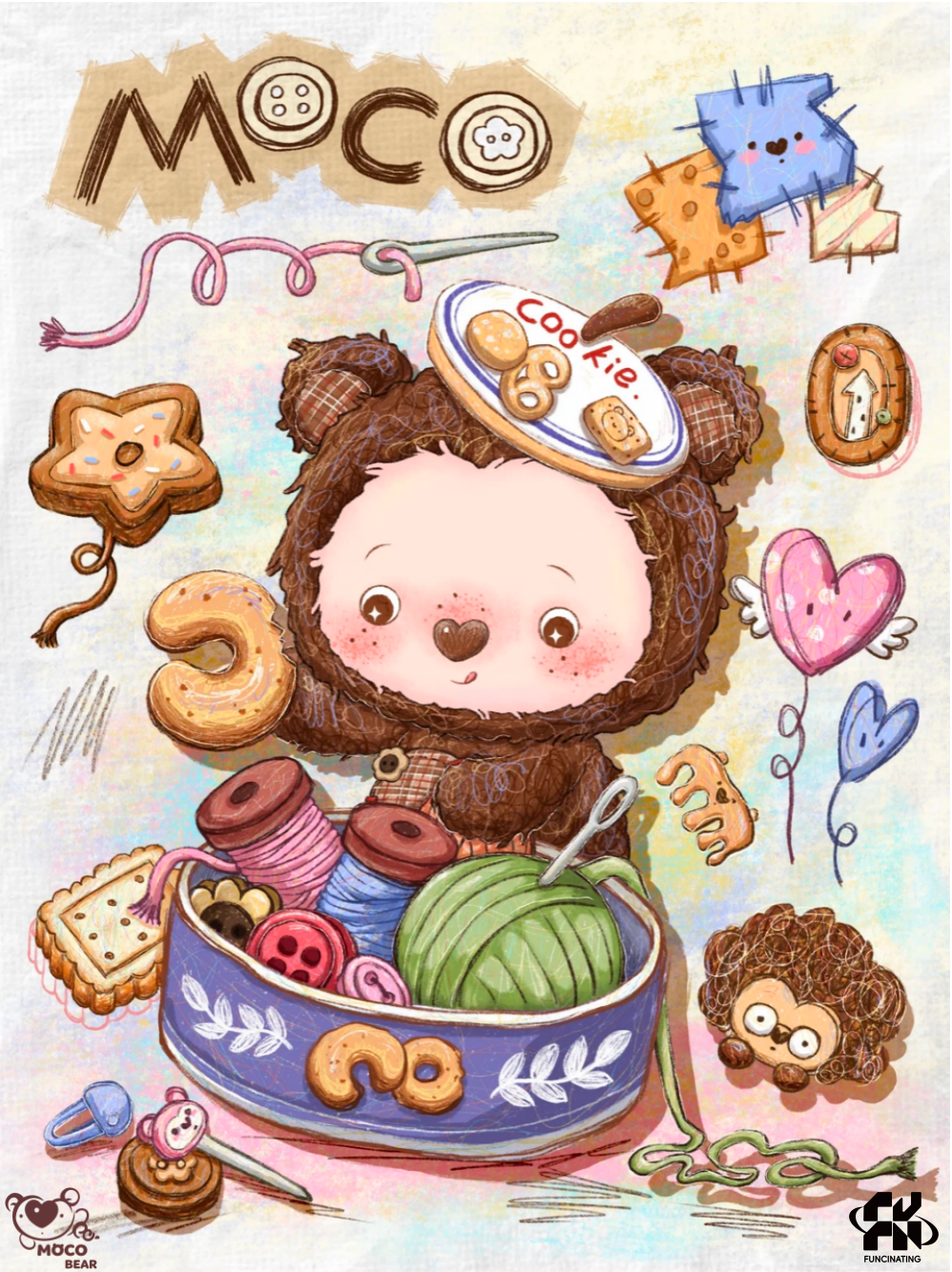 MOCO Bear Grandma's Time Box illustration with sewing needles, thread, buttons and a cookie tin