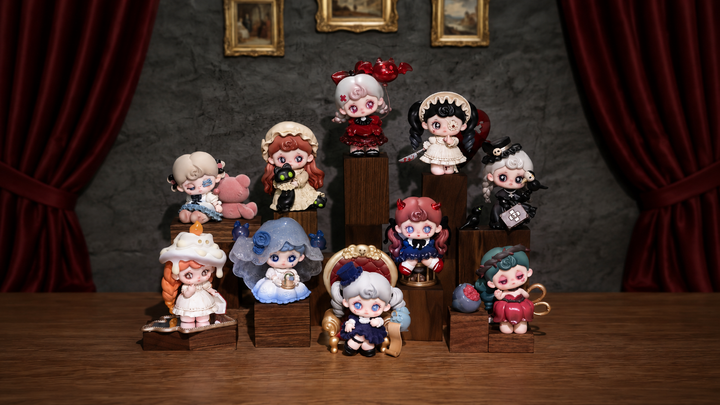 TARTI Ghost in Hotel figures displayed on wooden stands against a dark hotel backdrop