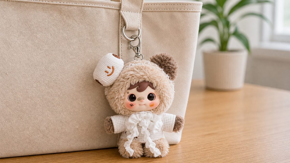 Bag charm clipped onto the D-ring of a tote strap, character facing outward
