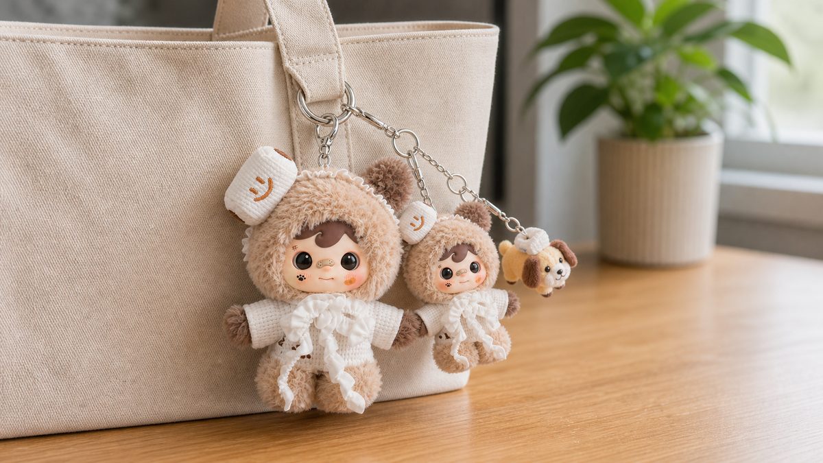 Two plush charms and a Pencil Dog mini balanced by weight on one D-ring