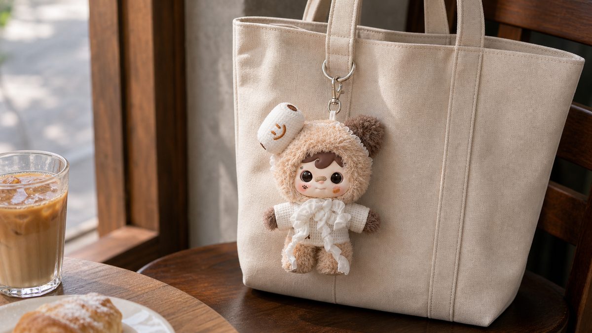 Finished look: plush bag charm facing outward on a canvas tote
