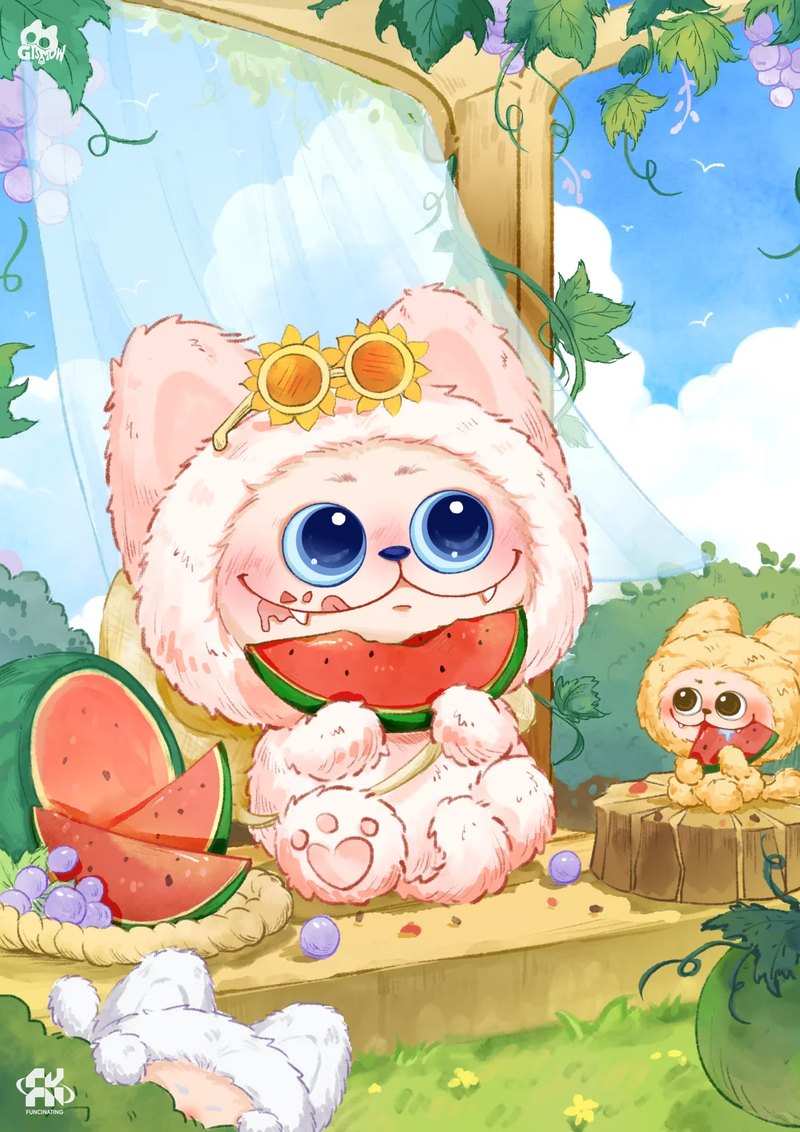 Illustrated GISMOW character in a pink hood eating watermelon in a summer garden scene