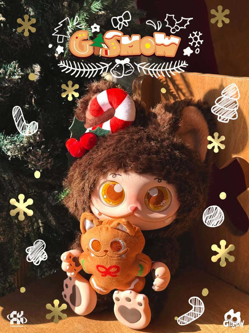 Brown furry GISMOW doll with amber eyes holding a small tiger plush beside a Christmas tree