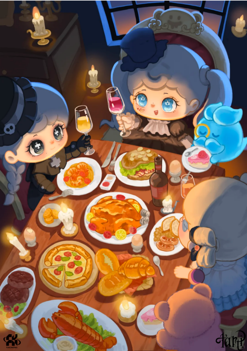TARTI characters sharing dinner in a candlelit room