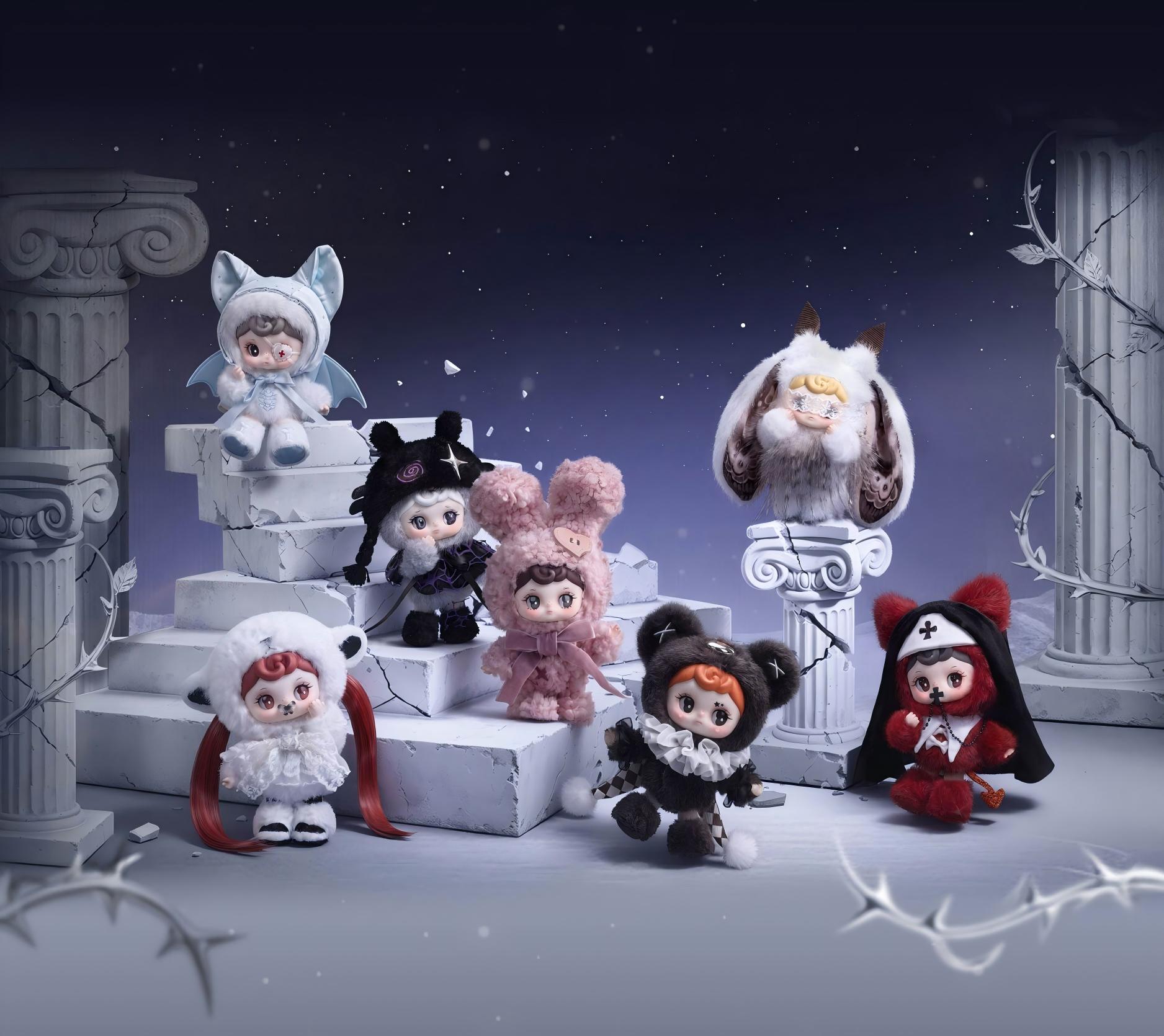 TARTI Silent Haven plush blind box characters arranged on pale steps beneath a starry backdrop